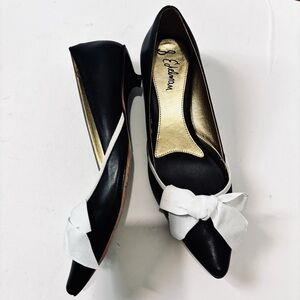 Sam Edelman black leather white bow pointed toe office kitten heel pump Sz 8.5M